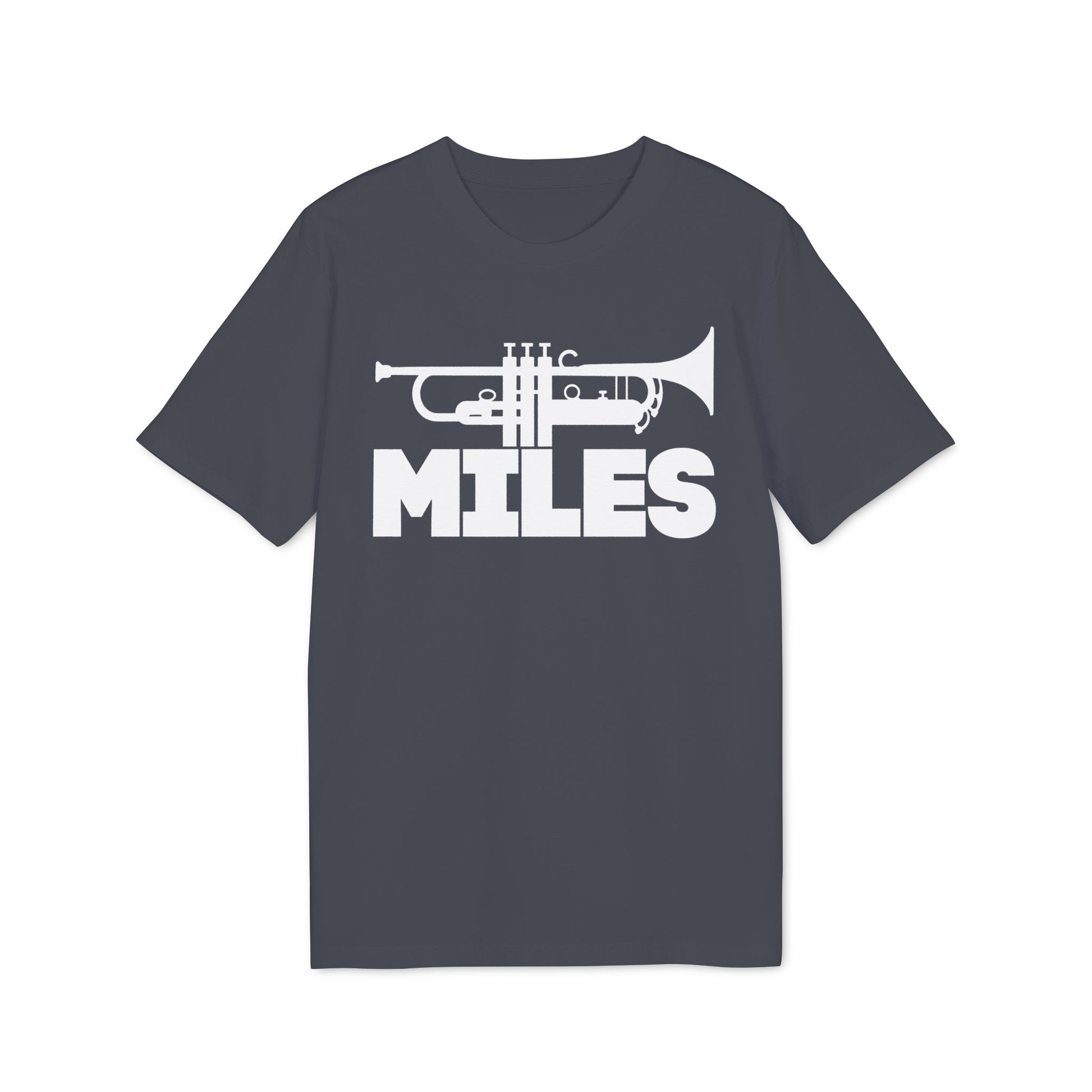 Dark t-shirt with a white trumpet graphic and the word MILES.