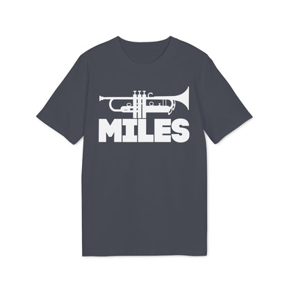 Dark t-shirt with a white trumpet graphic and the word MILES.