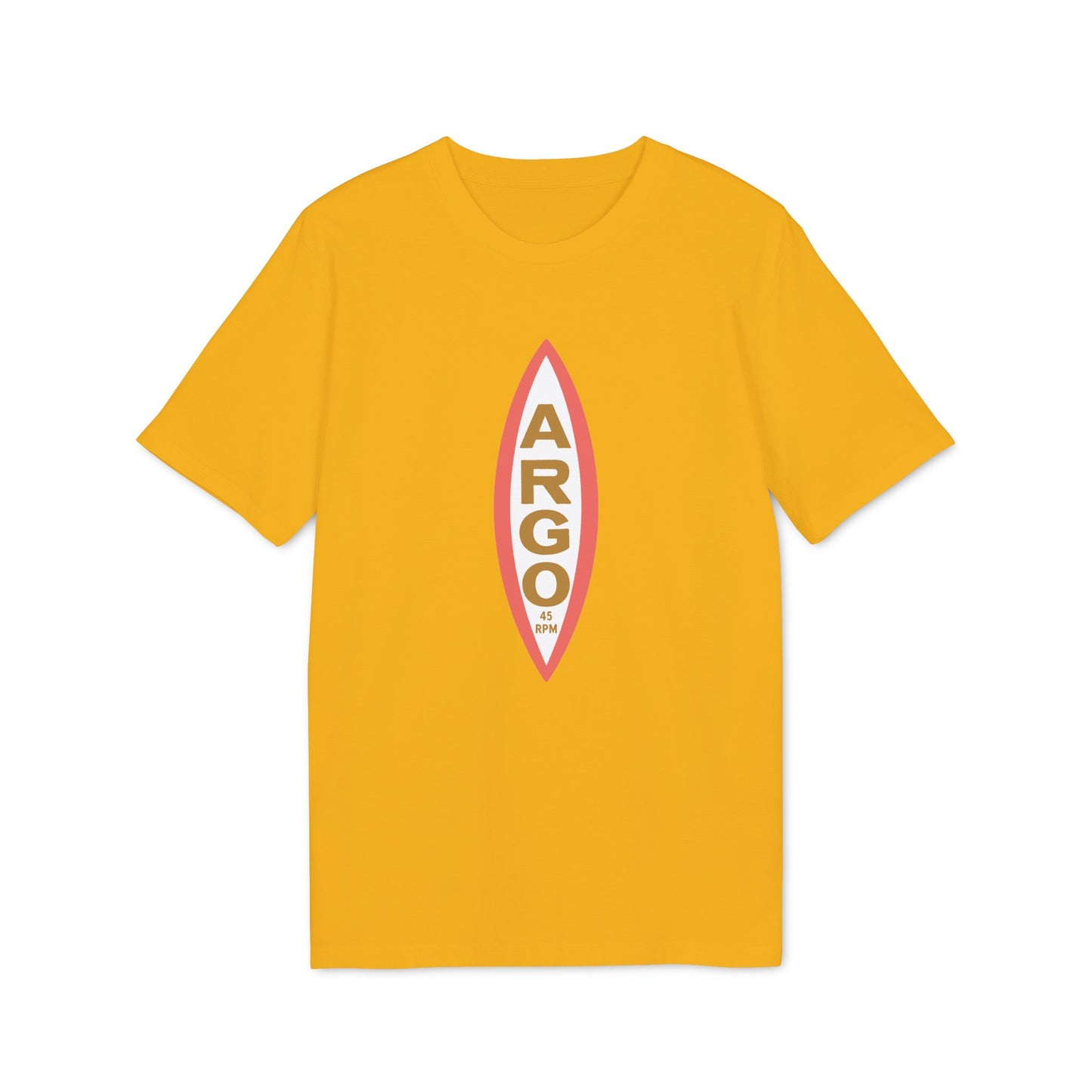 Yellow t-shirt with a vertical "ARGO 45 RPM" logo inside a pink and white oval.