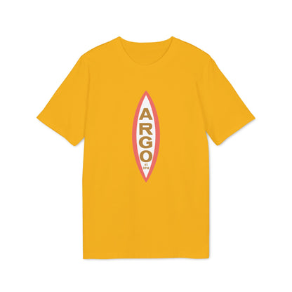 Yellow t-shirt with a vertical "ARGO 45 RPM" logo inside a pink and white oval.