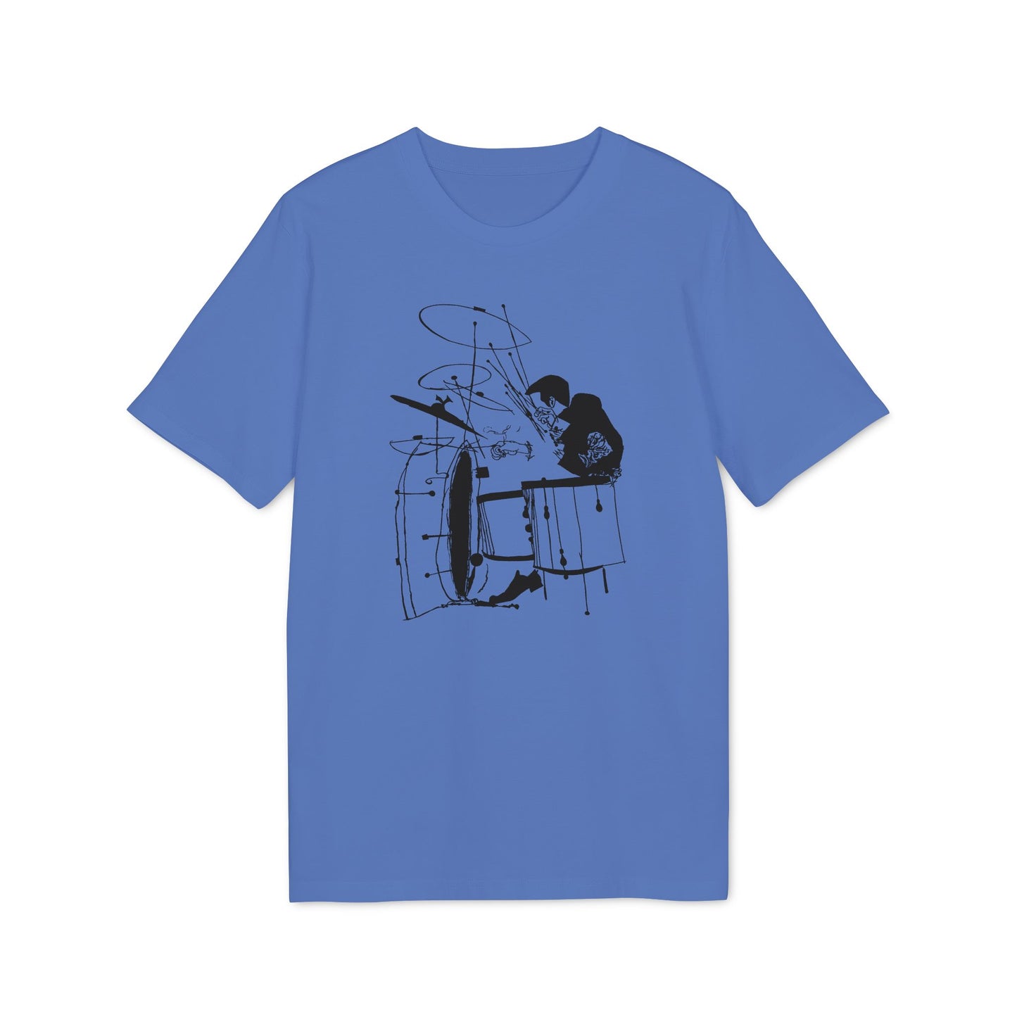 Blue t-shirt with black ink drawing of a drummer playing a drum set.