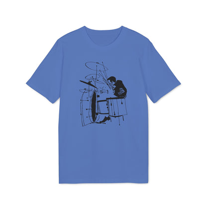 Blue t-shirt with black ink drawing of a drummer playing a drum set.