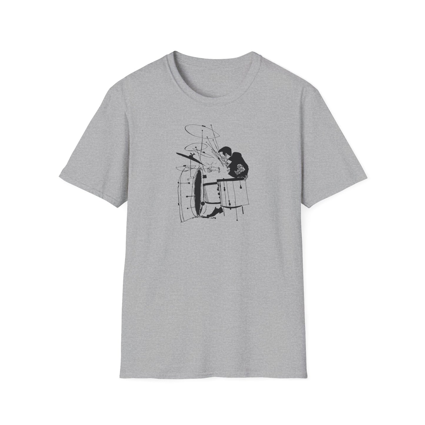Grey t-shirt with a black sketch of a drummer playing a drumset.