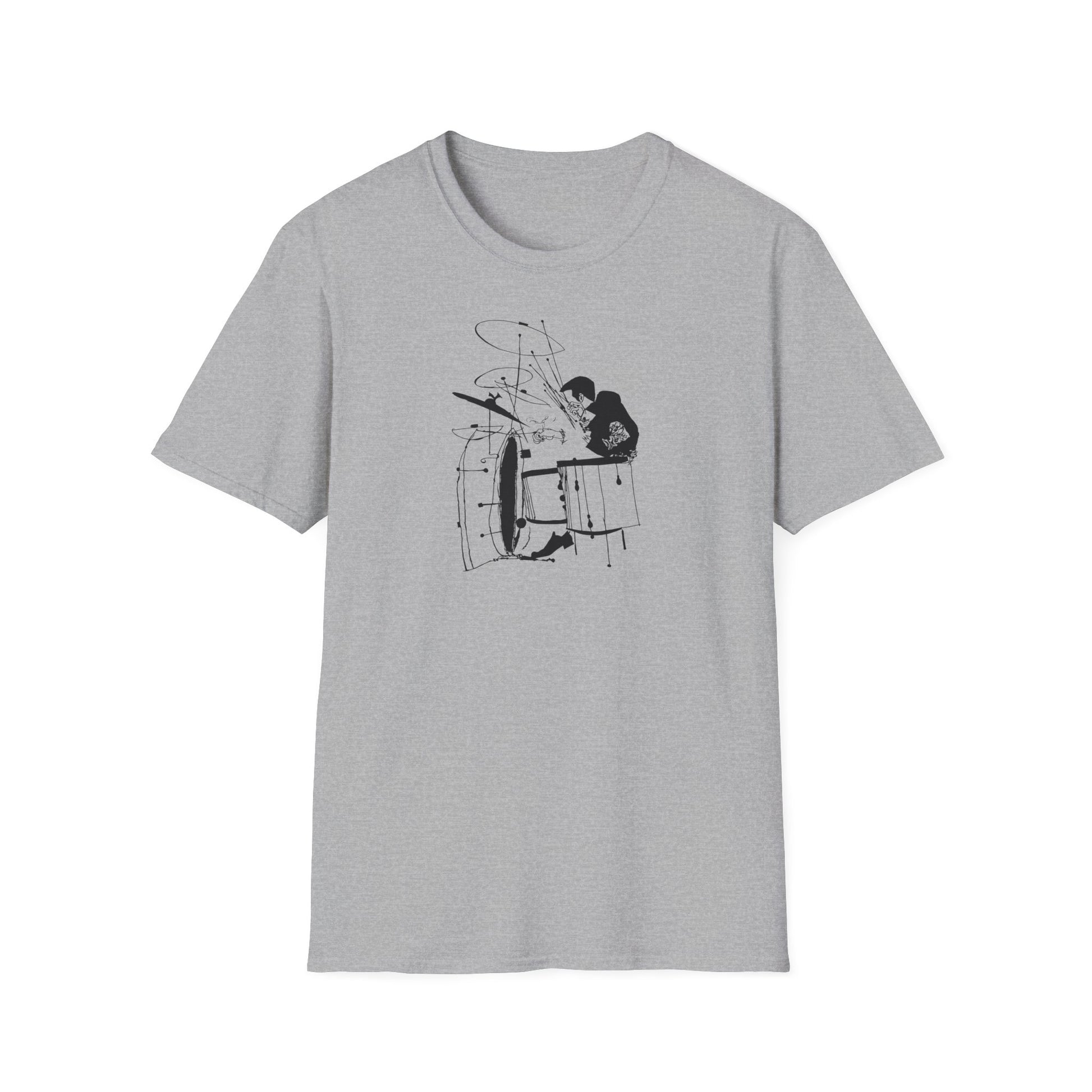 Grey t-shirt with a black sketch of a drummer playing a drumset.