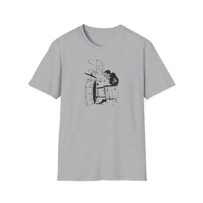 Grey t-shirt with a black sketch of a drummer playing a drumset.