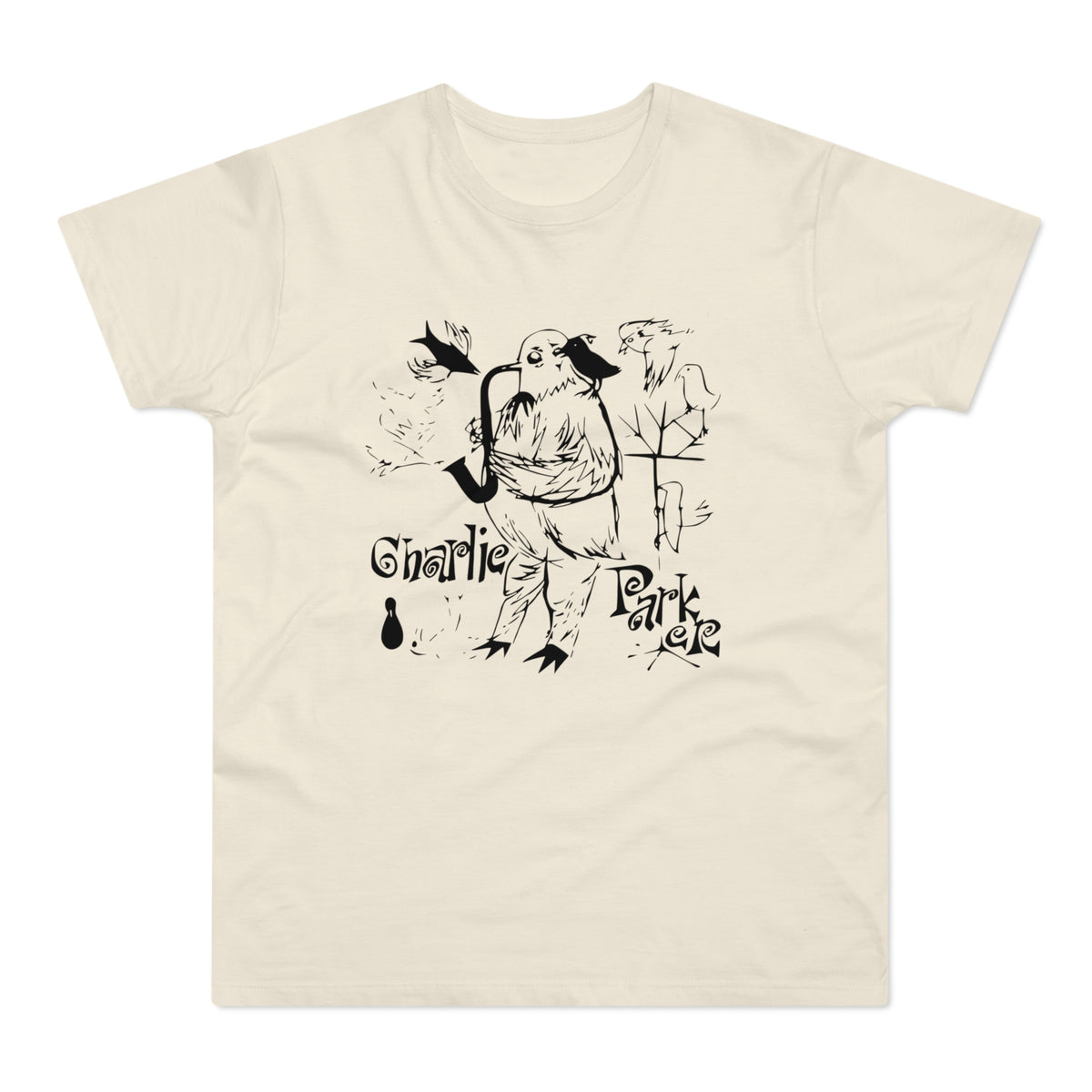 Bird playing saxophone with text "Charlie Parker" on a cream t-shirt.