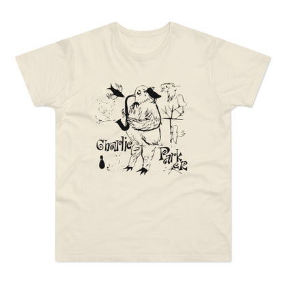 Bird playing saxophone with text "Charlie Parker" on a cream t-shirt.