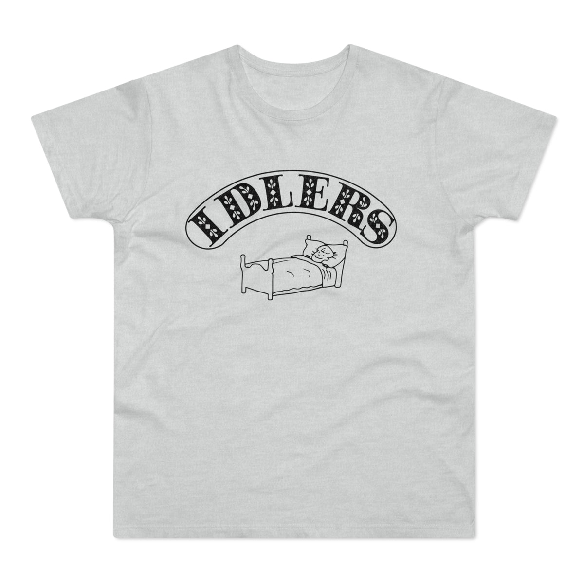 T-shirt with "IDLERS" text above a cartoon person sleeping in a bed.