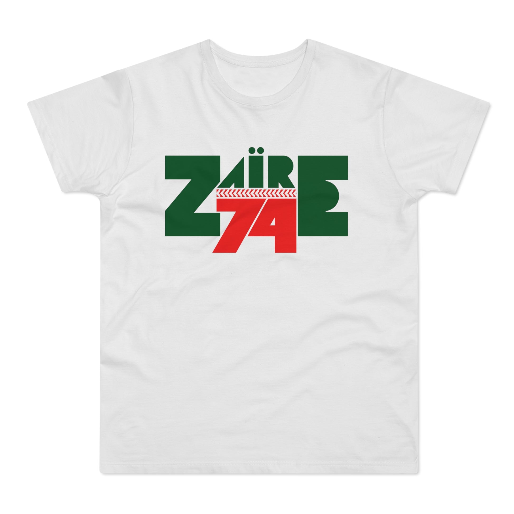 White t-shirt with green and red "ZAIRE 74" graphic.