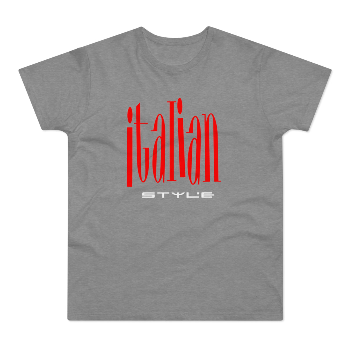 Grey t-shirt with red "Italian" and white "STYLE" text.