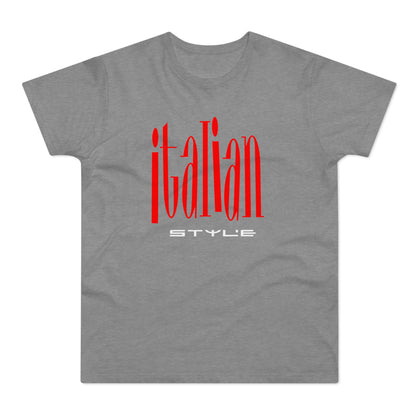 Grey t-shirt with red "Italian" and white "STYLE" text.