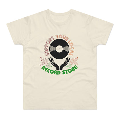 Cream t-shirt with "Support Your Local Record Store" text and vinyl record graphic.