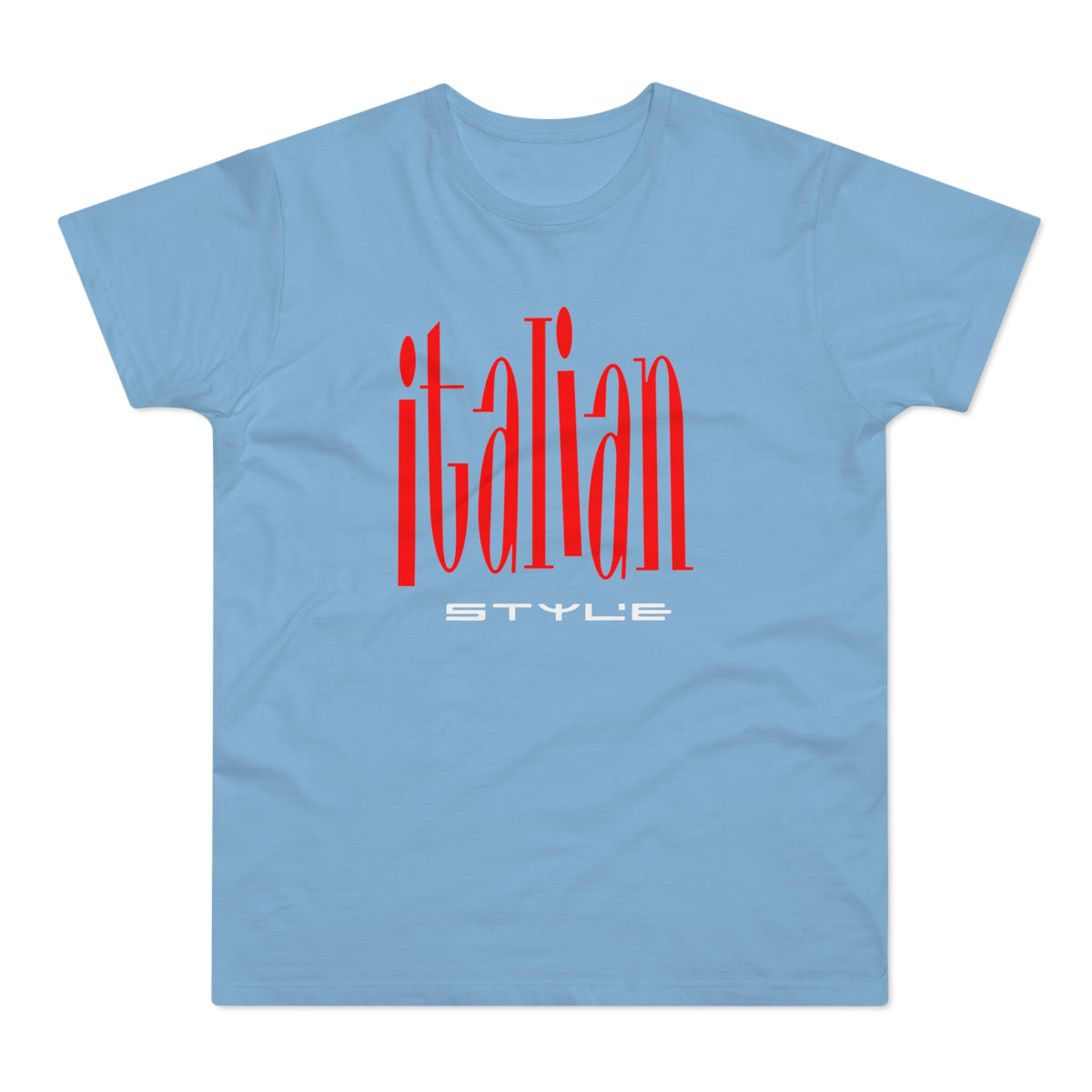 Light blue t-shirt with red "ITALIAN" and white "STYLE" text.