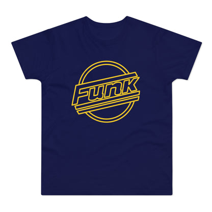 Navy t-shirt with yellow "Funk" text inside a circle.