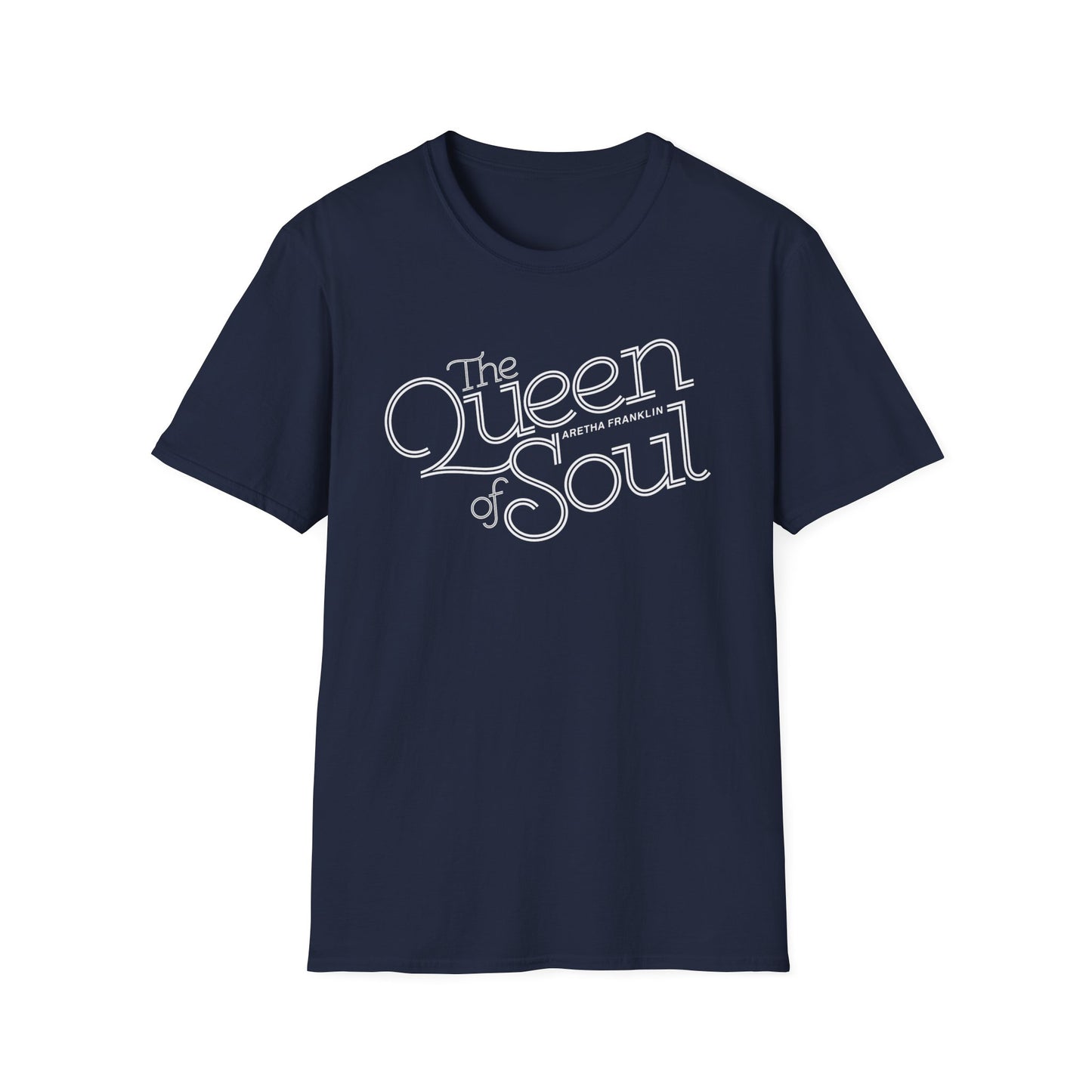 Navy t-shirt with white "The Queen of Soul Aretha Franklin" text graphic.