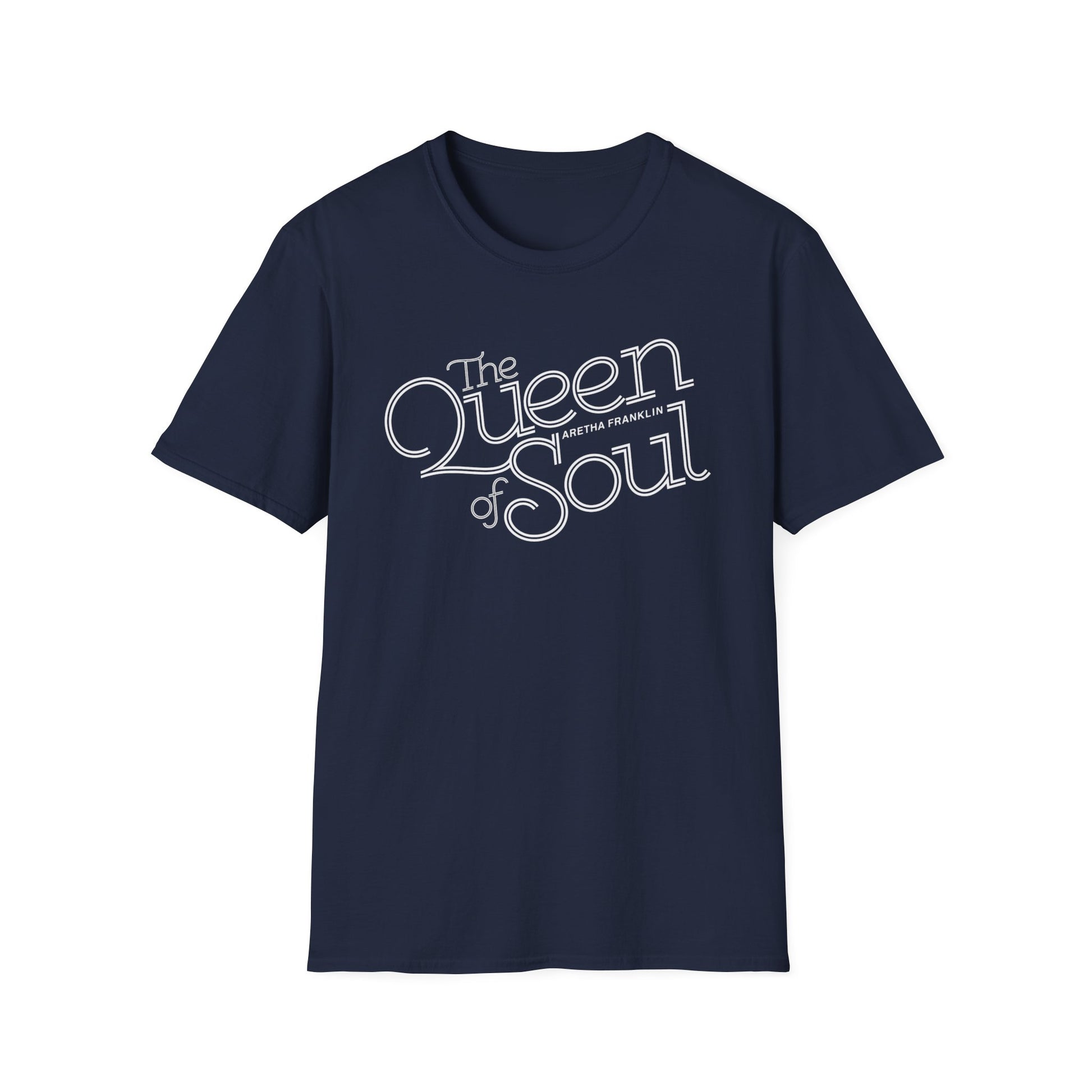 Navy t-shirt with white "The Queen of Soul Aretha Franklin" text graphic.