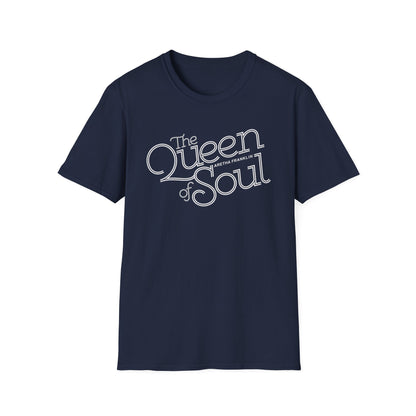 Navy t-shirt with white "The Queen of Soul Aretha Franklin" text graphic.