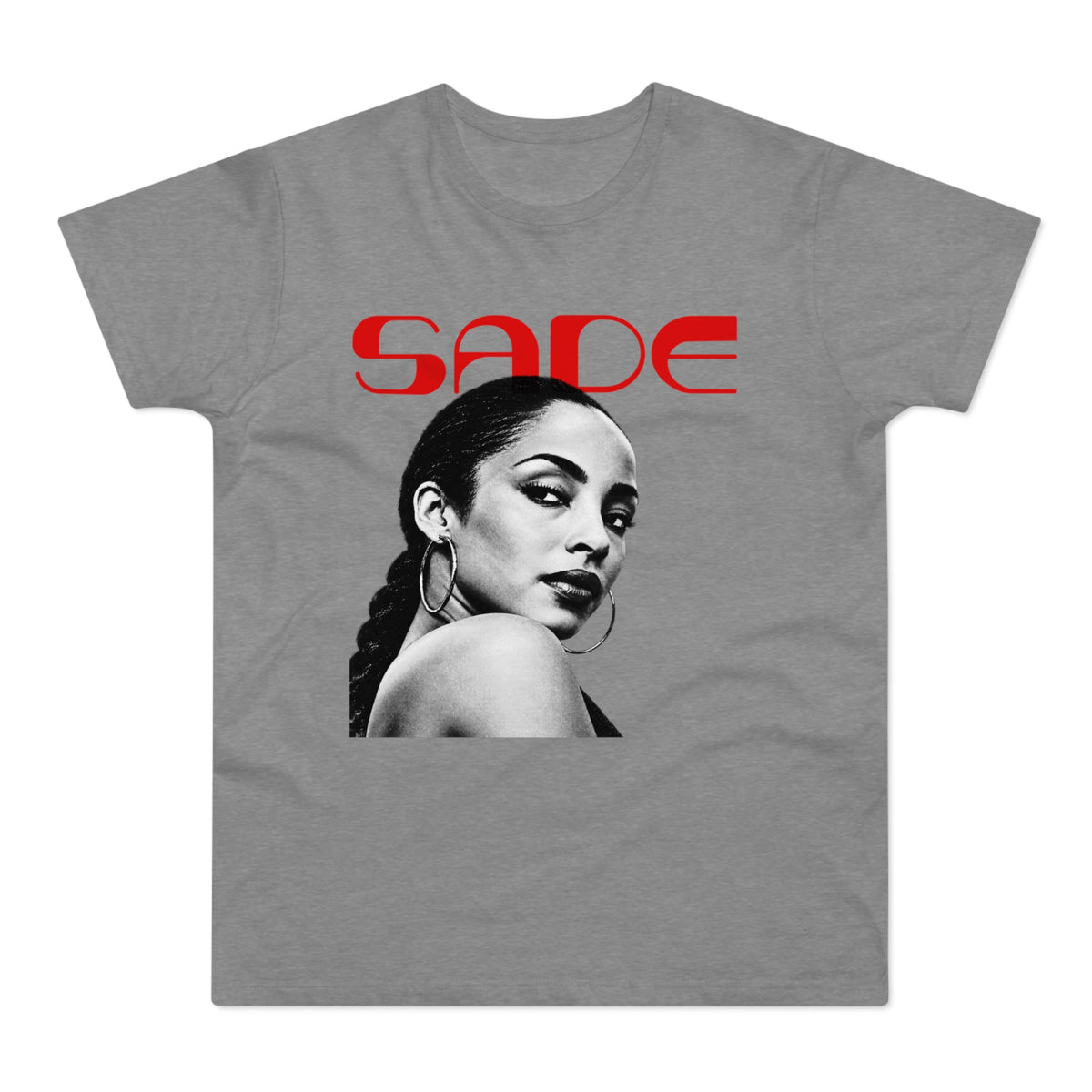 Grey t-shirt with red "SADE" text and black and white portrait of Sade.