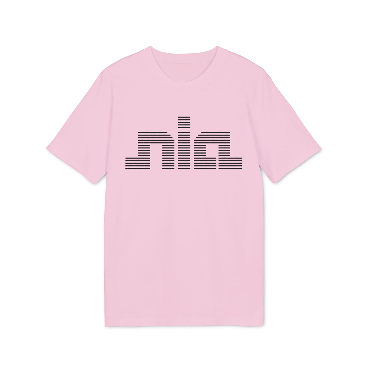 Pink t-shirt with black horizontal striped text reading "nia" across the chest.