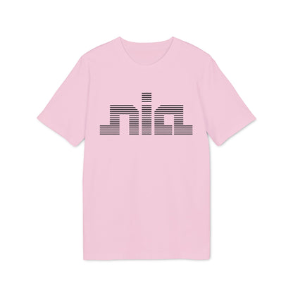 Pink t-shirt with black horizontal striped text reading "nia" across the chest.