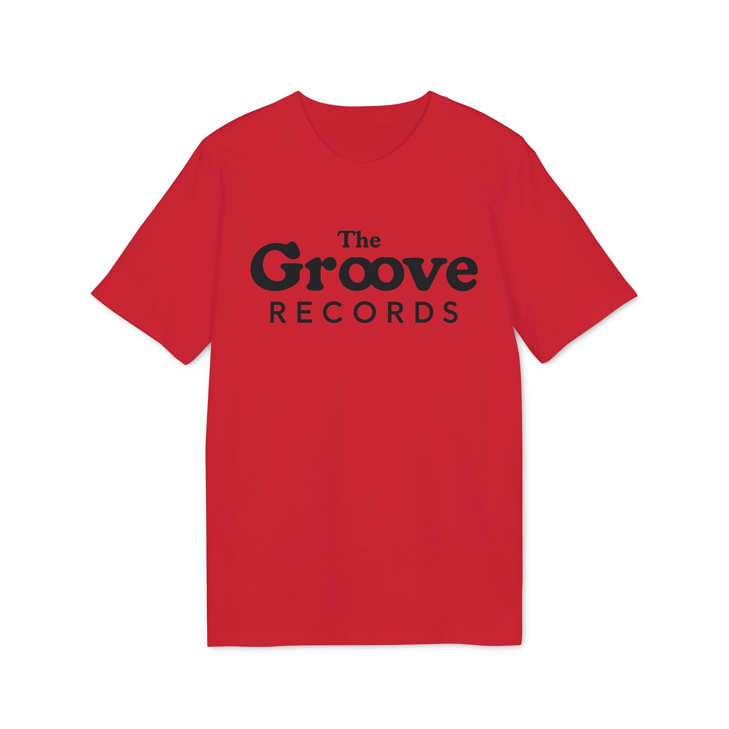 Red t-shirt with black "The Groove Records" text logo.