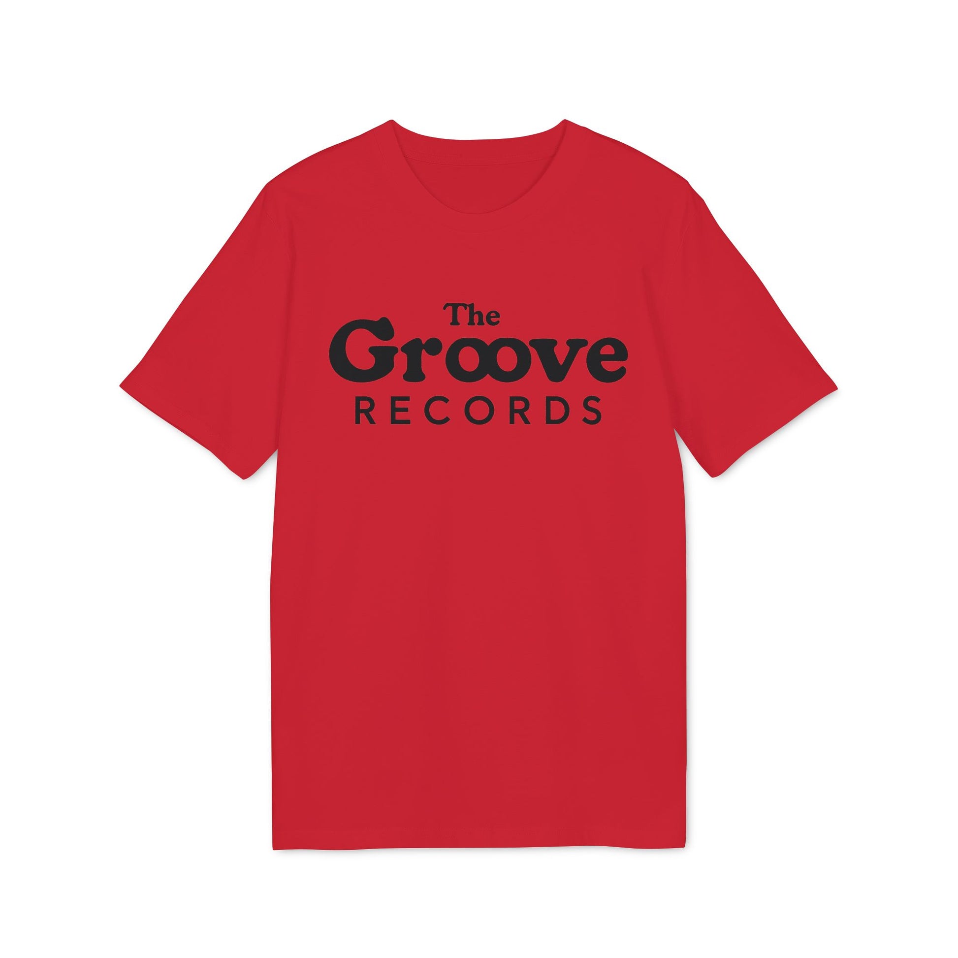 Red t-shirt with black "The Groove Records" text logo.