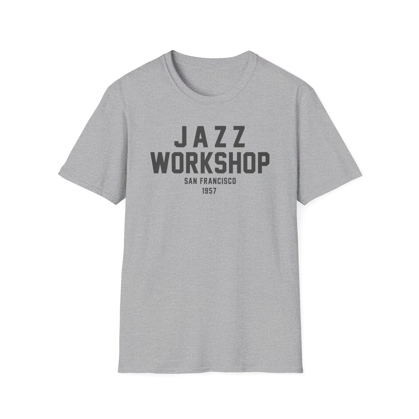 Grey t-shirt with "JAZZ WORKSHOP SAN FRANCISCO 1957" printed on the front.