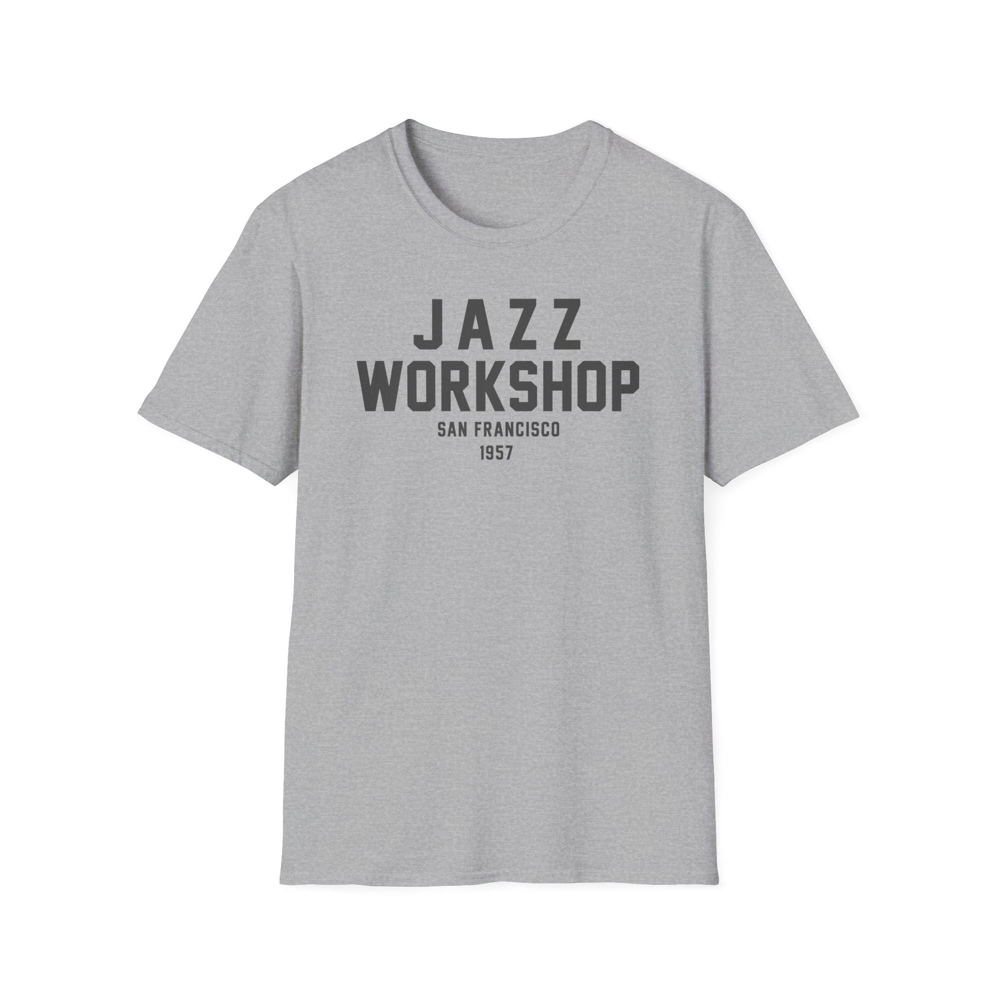 Grey t-shirt with "JAZZ WORKSHOP SAN FRANCISCO 1957" printed on the front.