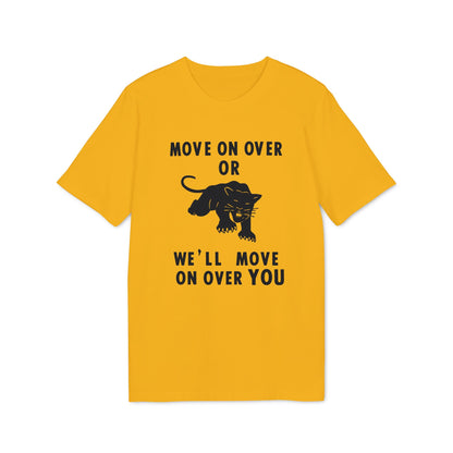 Yellow t-shirt with black text "MOVE ON OVER OR" and a panther graphic.