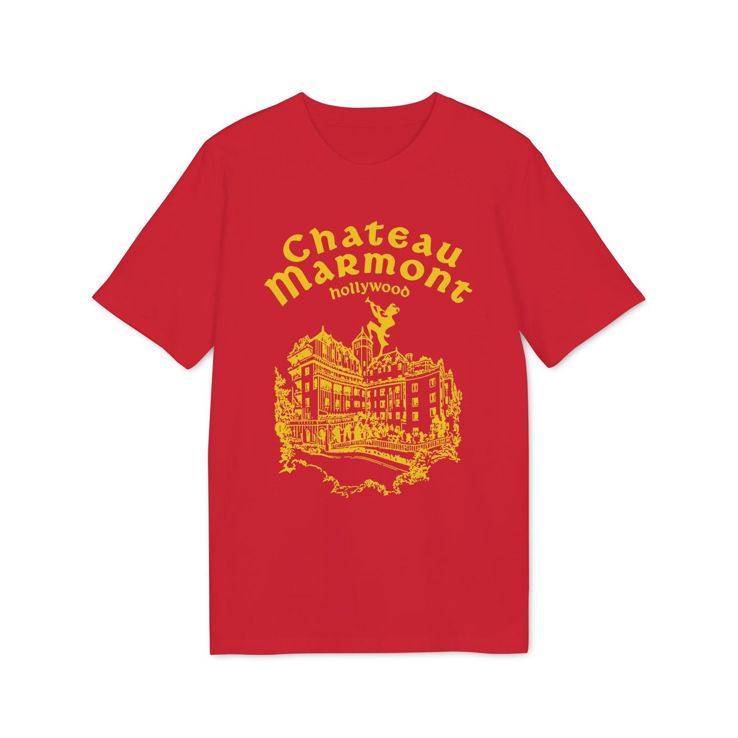 Red t-shirt with yellow Chateau Marmont Hollywood graphic and building illustration.