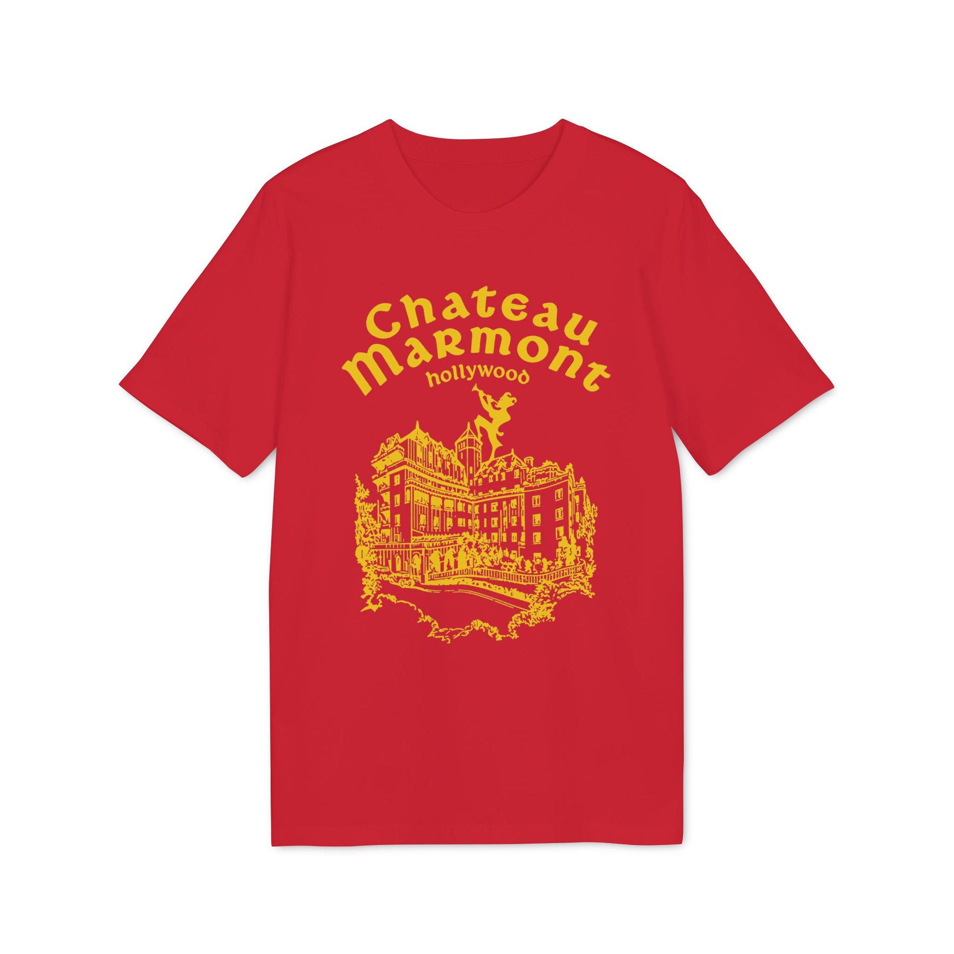 Red t-shirt with yellow Chateau Marmont Hollywood graphic and building illustration.