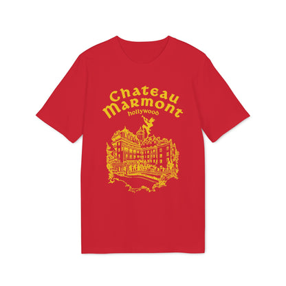 Red t-shirt with yellow Chateau Marmont Hollywood graphic and building illustration.