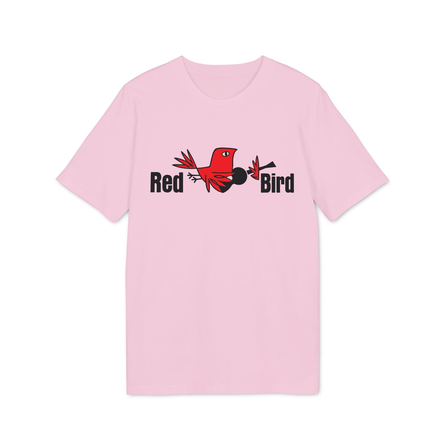 Pink t-shirt with cartoon red bird graphic and text "Red Bird"