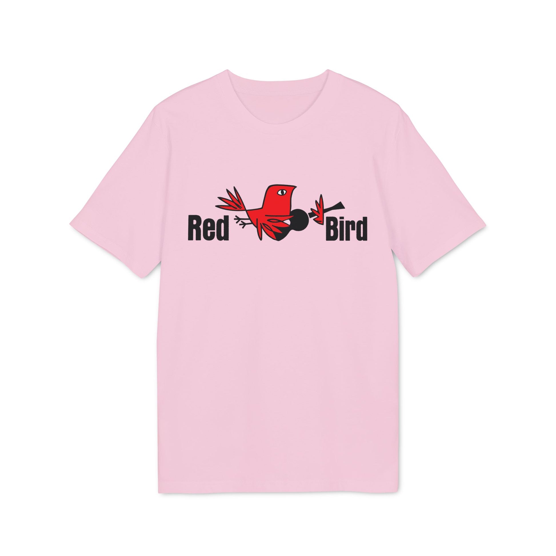 Pink t-shirt with cartoon red bird graphic and text "Red Bird"