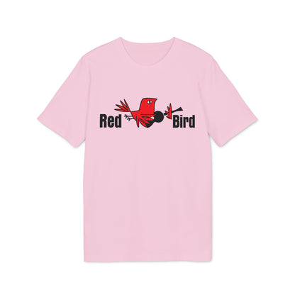Pink t-shirt with cartoon red bird graphic and text "Red Bird"