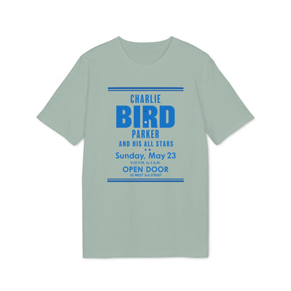Green t-shirt with blue text "Charlie Bird Parker and His All Stars Sunday, May 23".