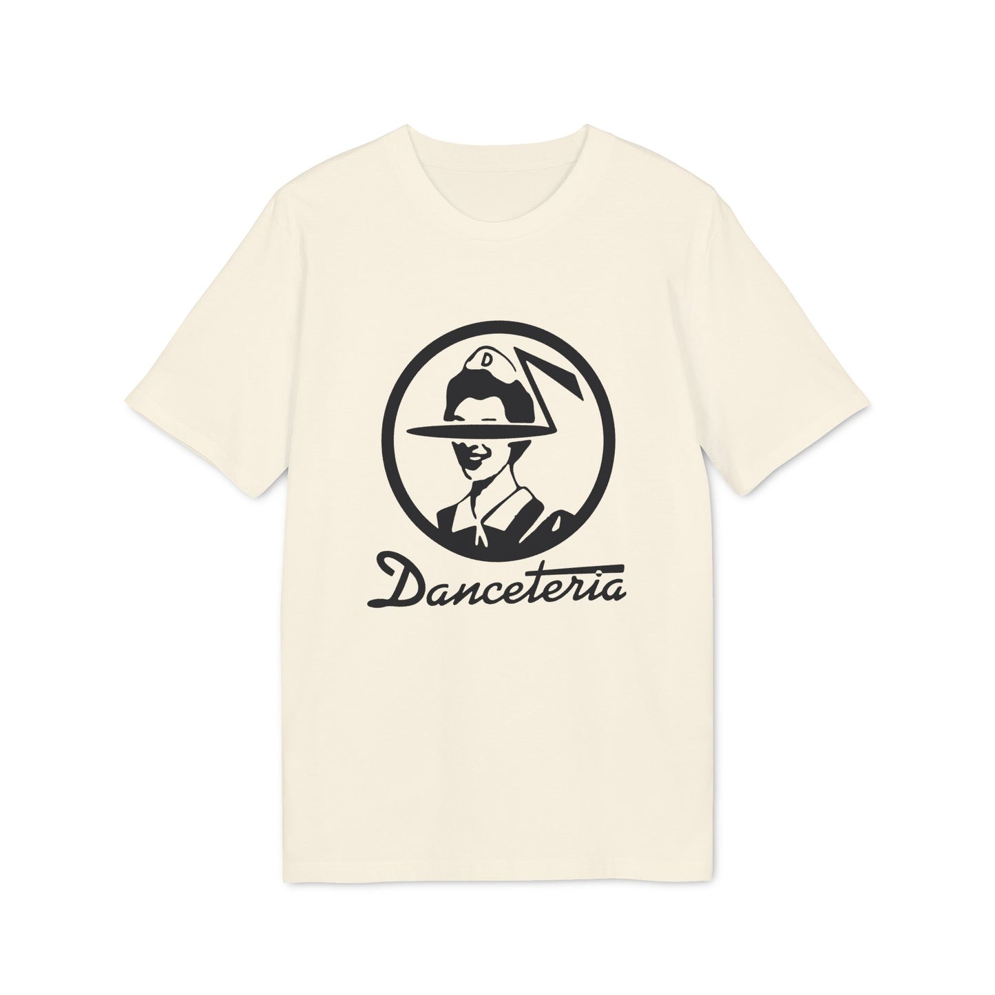 Cream t-shirt with Danceteria logo featuring a stylized person in a cap.