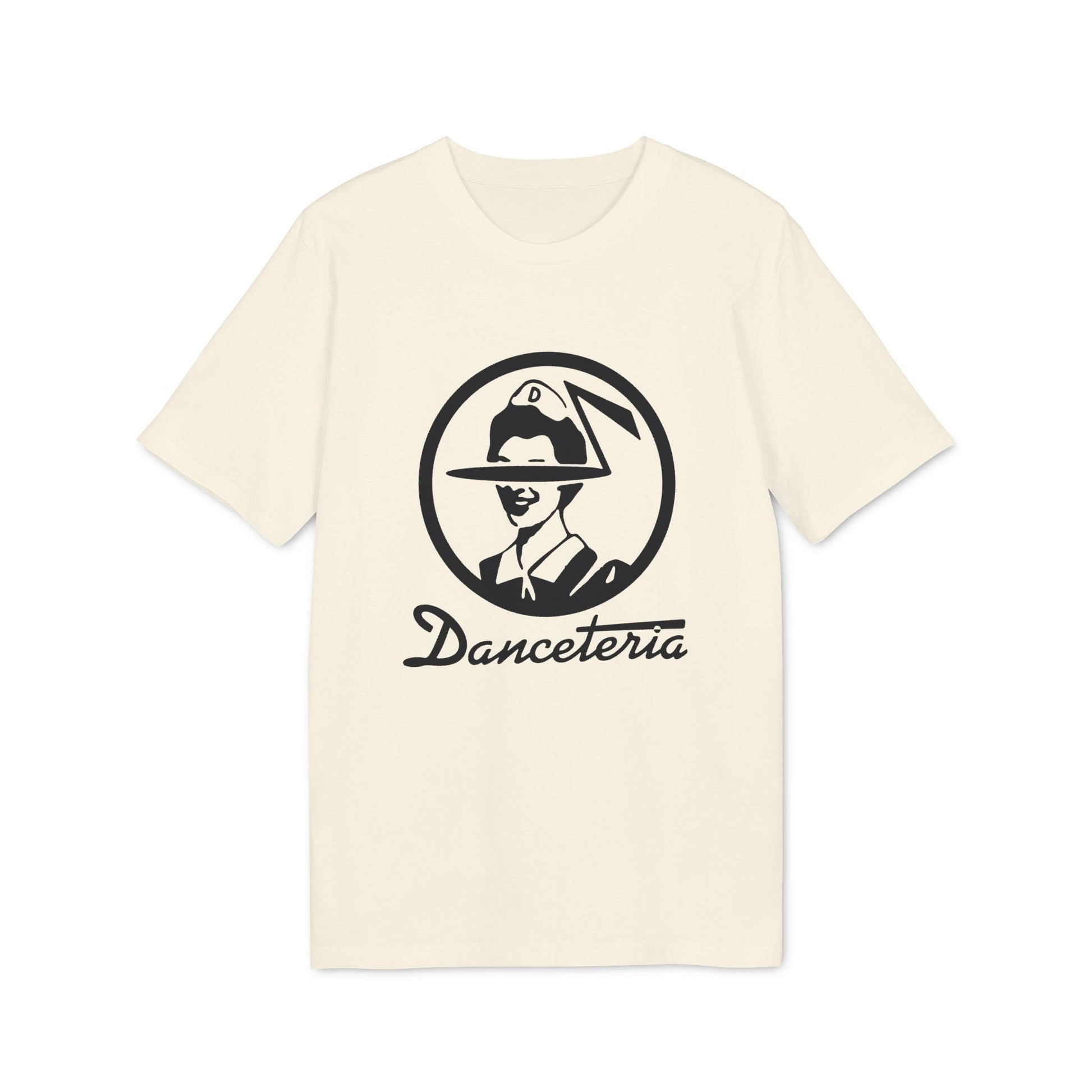 Cream t-shirt with Danceteria logo featuring a stylized person in a cap.