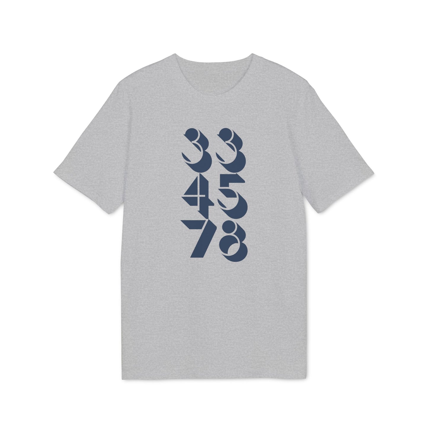 Grey t-shirt with navy blue geometric numbers "33 45 78" design.
