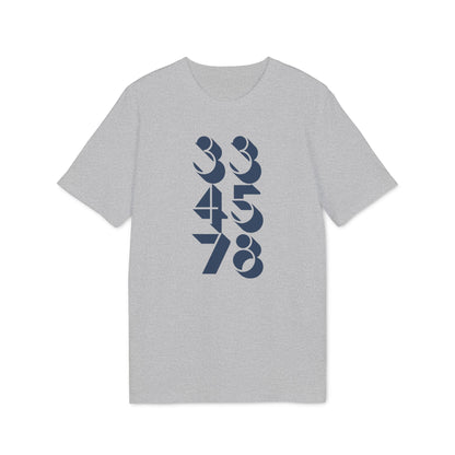 Grey t-shirt with navy blue geometric numbers "33 45 78" design.