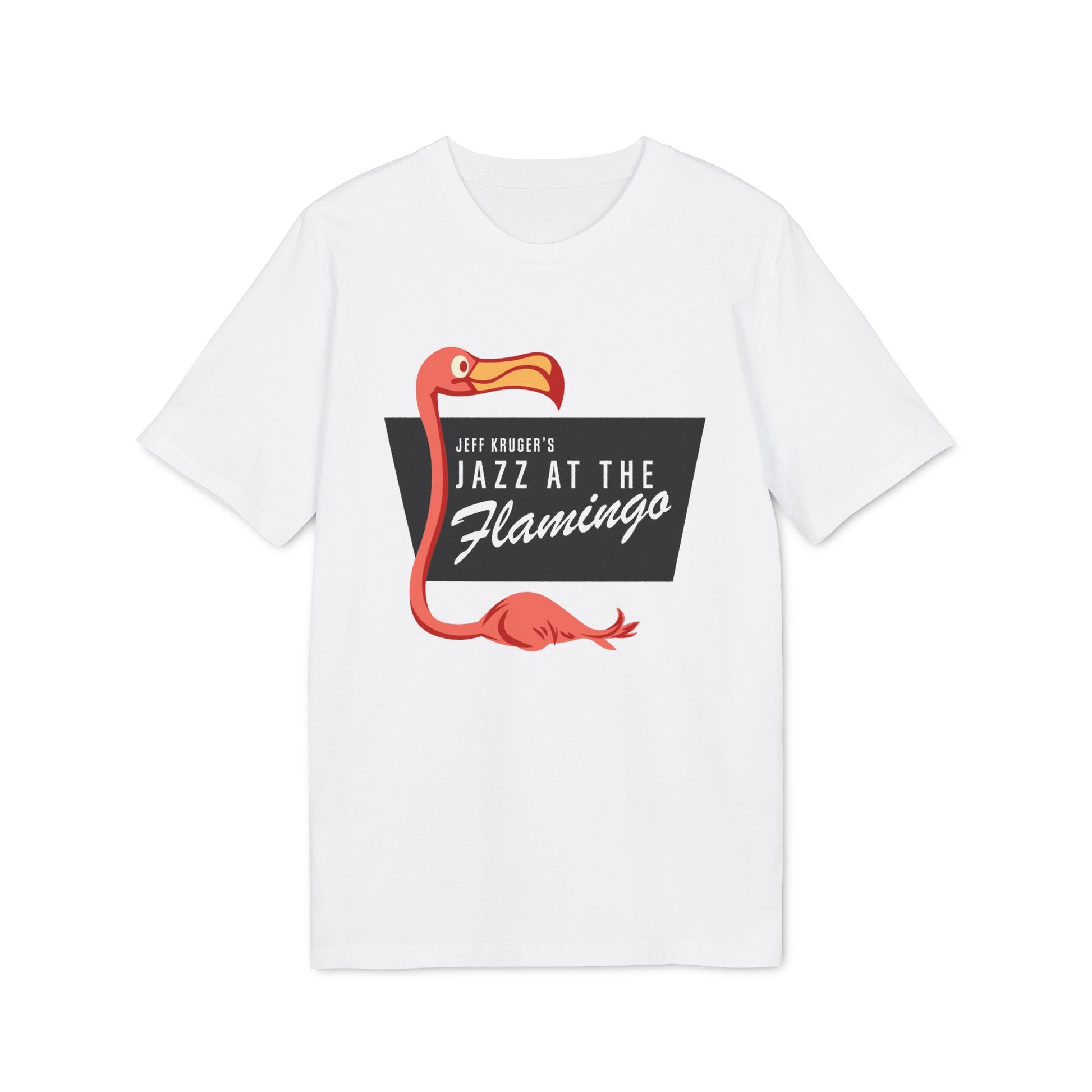 White t-shirt with a pink flamingo and "Jeff Kruger's Jazz at the Flamingo" text.