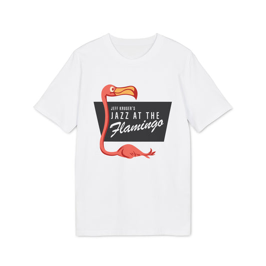 White t-shirt with a pink flamingo and "Jeff Kruger's Jazz at the Flamingo" text.