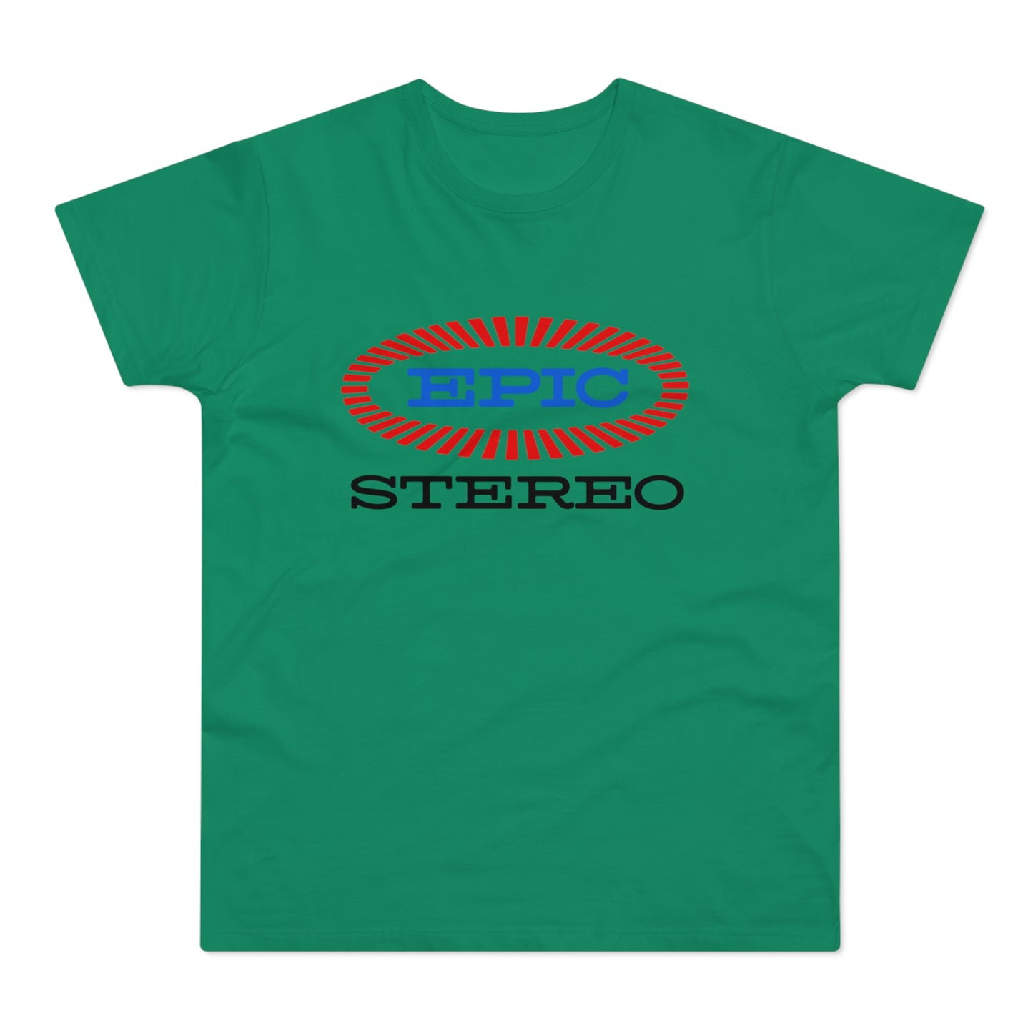 Green t-shirt with blue "EPIC" text over red ribbed oval and black "STEREO" text.