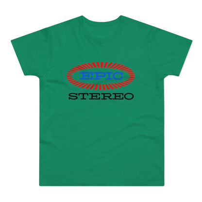 Green t-shirt with blue "EPIC" text over red ribbed oval and black "STEREO" text.