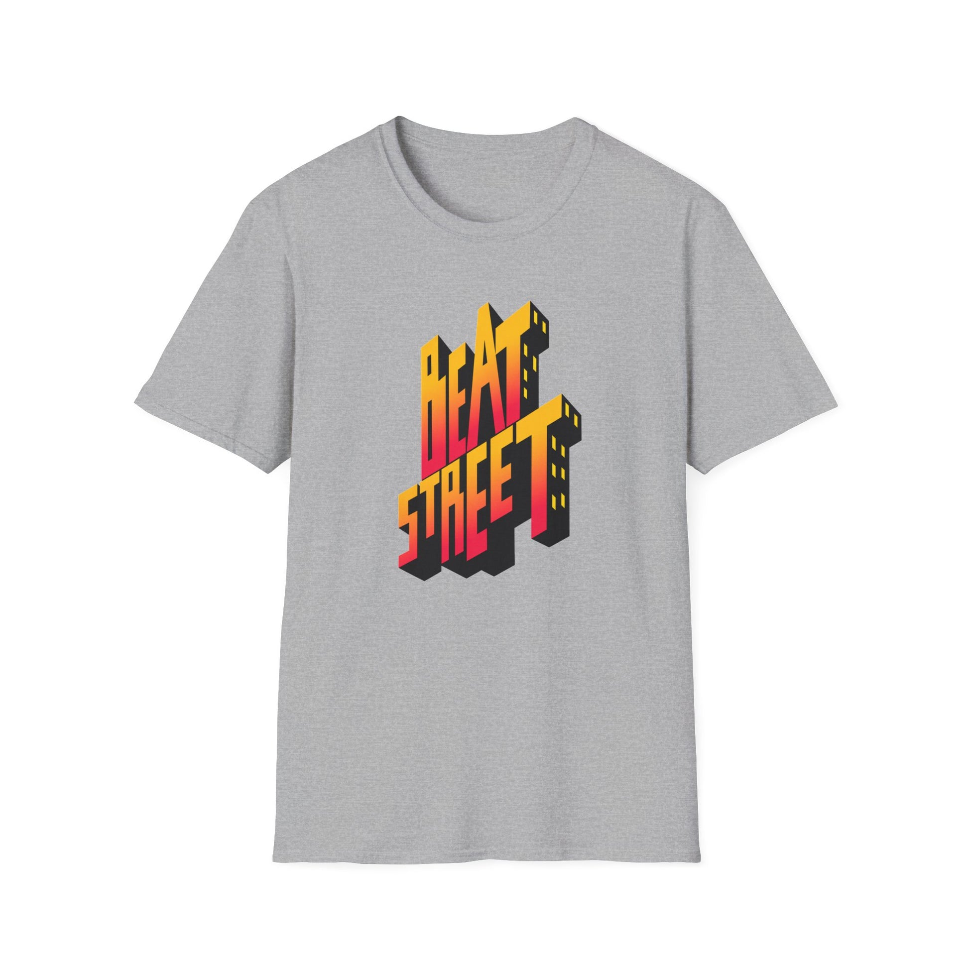 Grey t-shirt with 3D text "BEAT STREET" in red and yellow gradient.
