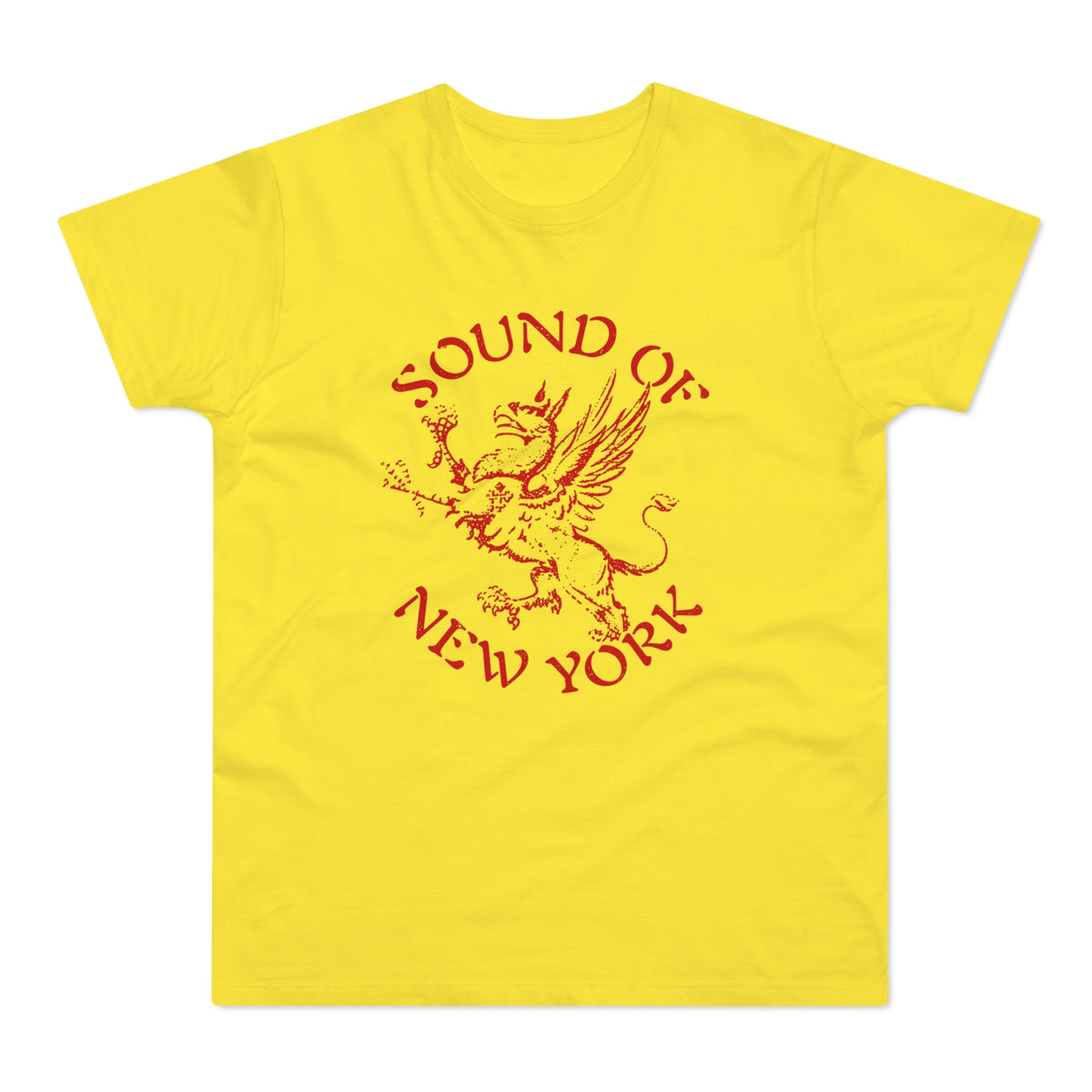 Yellow t-shirt with red text "SOUND OF NEW YORK" and a griffin graphic.