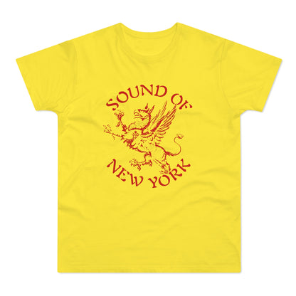 Yellow t-shirt with red text "SOUND OF NEW YORK" and a griffin graphic.