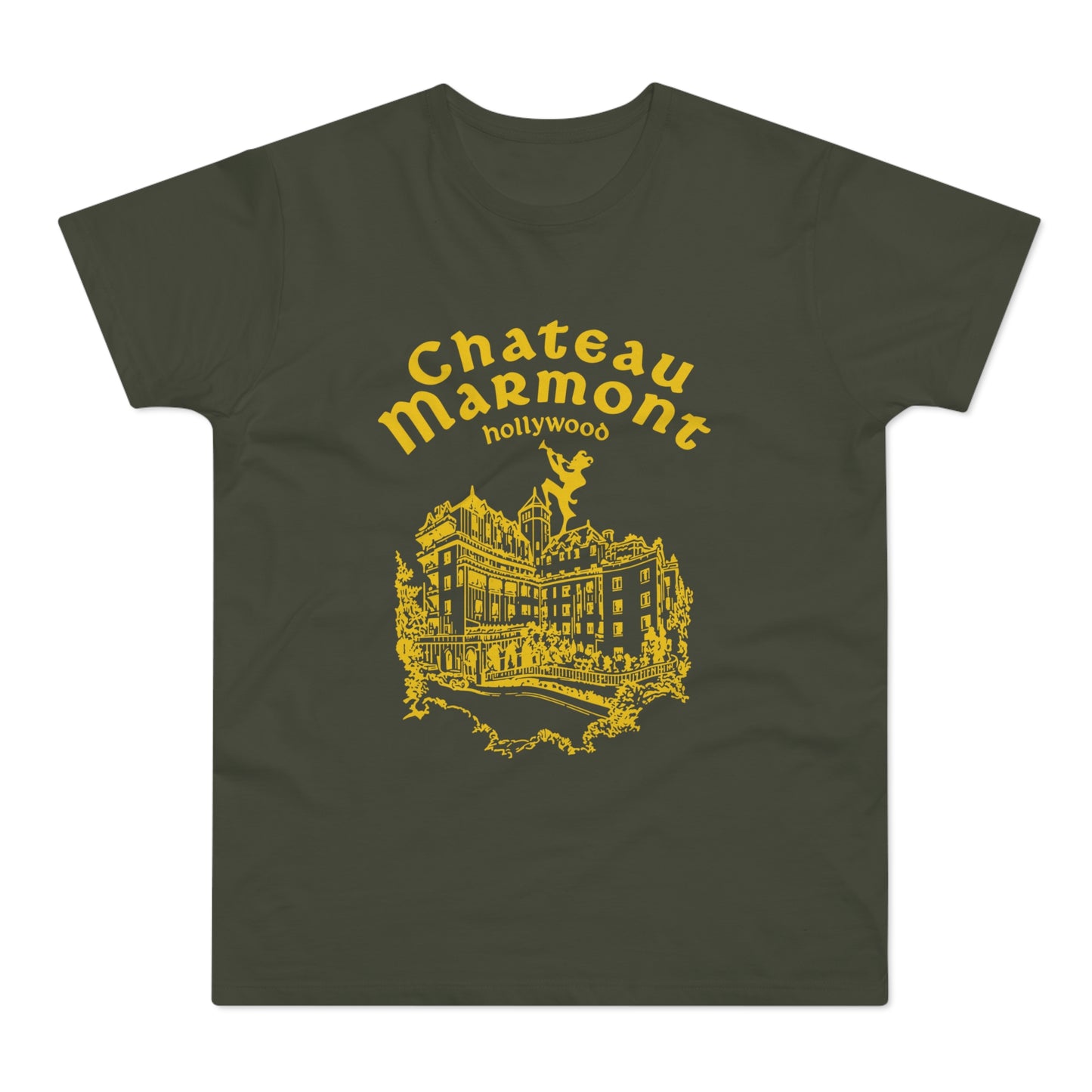 Chateau Marmont Hollywood graphic on a dark olive green t-shirt.