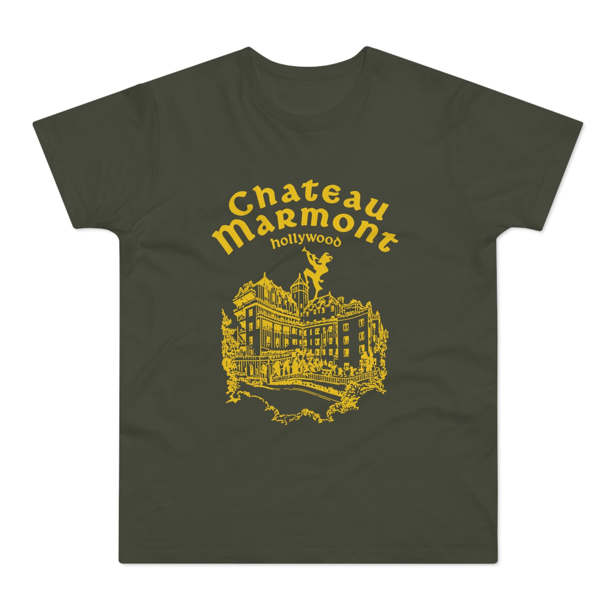 Chateau Marmont Hollywood graphic on a dark olive green t-shirt.