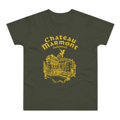 Chateau Marmont Hollywood graphic on a dark olive green t-shirt.